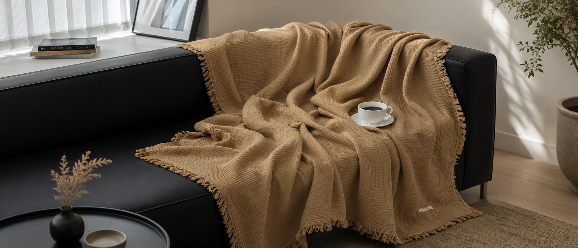 Soft cushions and throws arranged in a warm bedroom